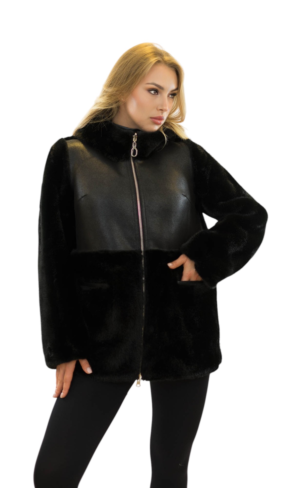Damenjacke mit Faux Fur Webpelzjacke Nerzlook und Lederlook