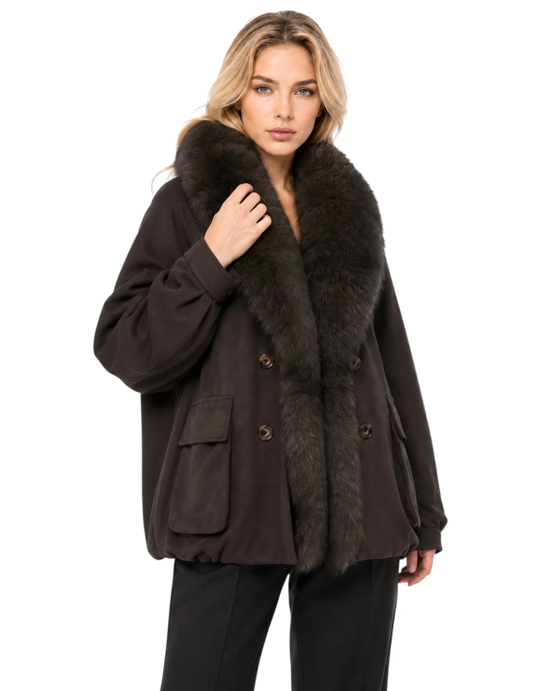 Brauner Damen Daunenparka „Isabella“ mit Fuchsfell und Veloursoptik Kopie