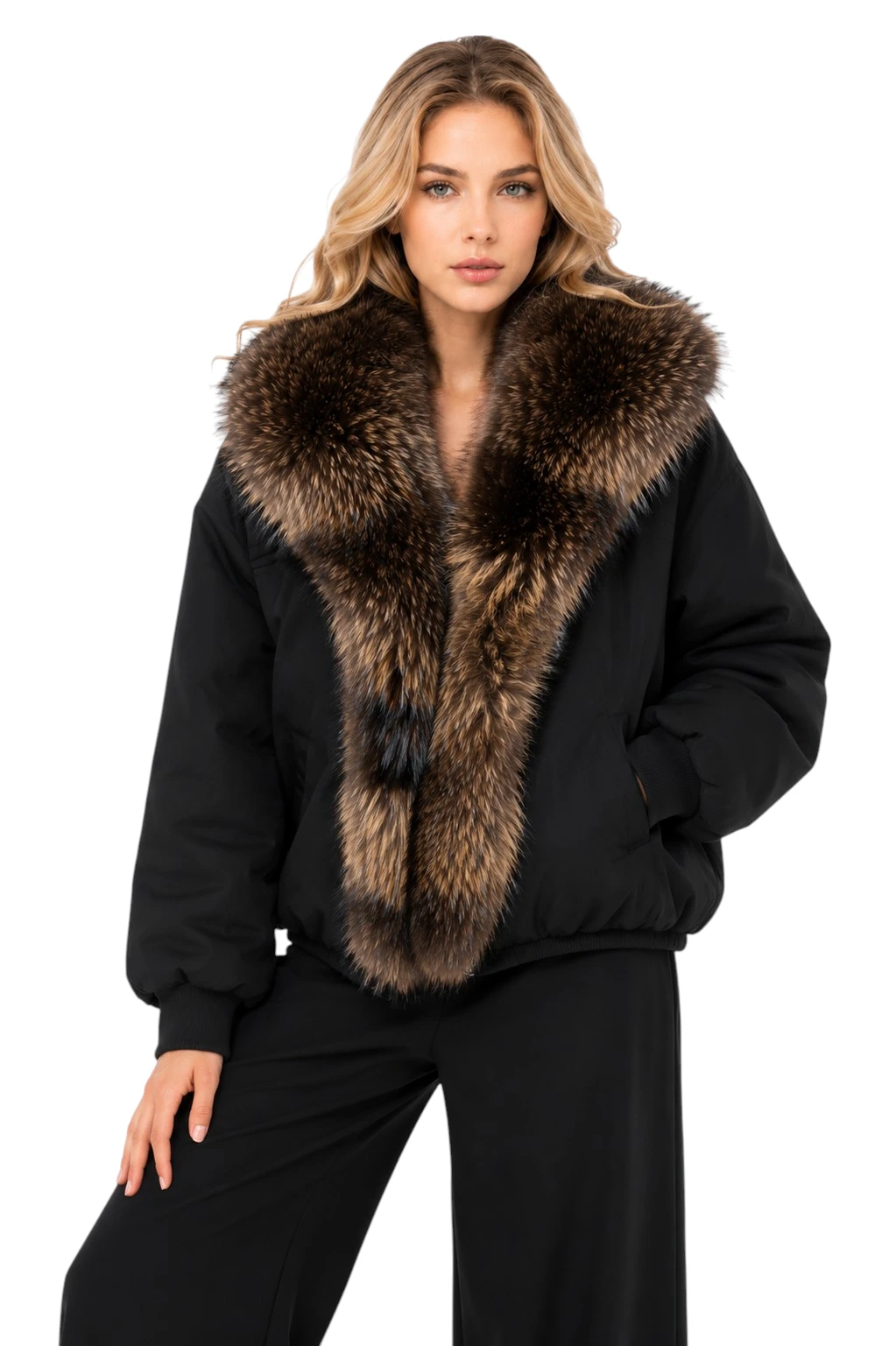 Schwarze Damenjacke Rikka mit abnehmbarem Finnraccoon Echtpelz