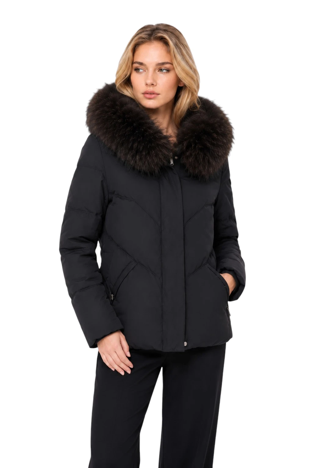 Sportliche schwarze Damen Winterjacke „Odette“ mit abnehmbarer Echtfellkragen