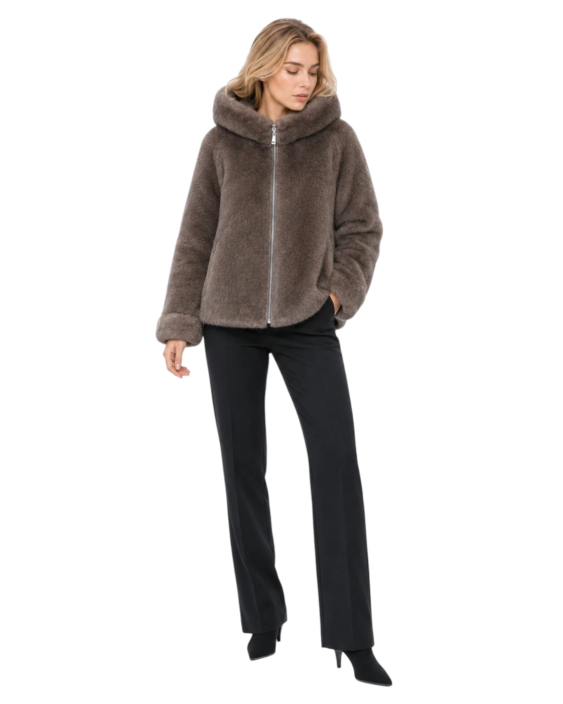 Braune Damen Wendejacke „Tina“ mit Stoffseite und Faux Fur in Nerzoptik