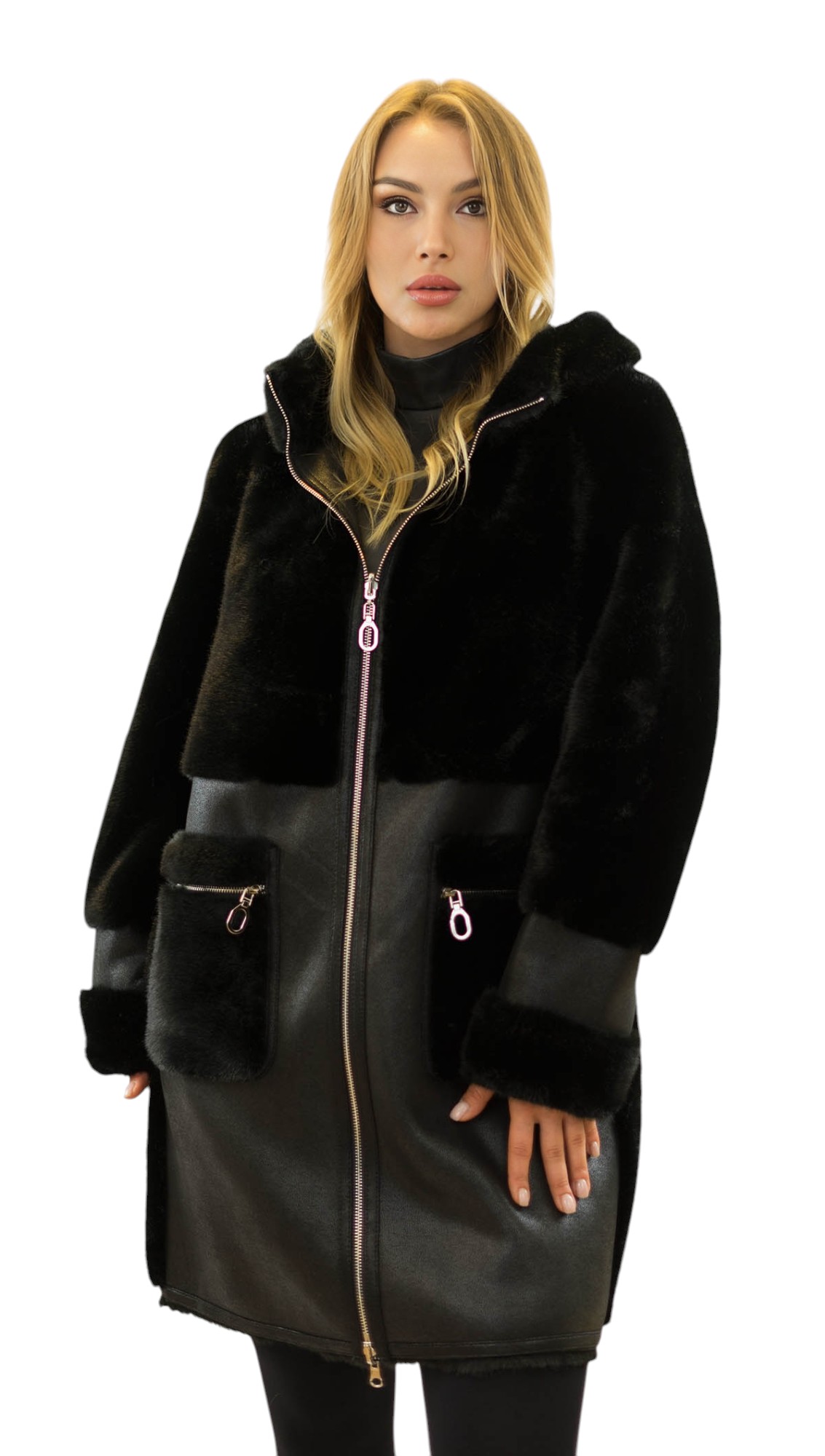 Damen Wendemantel mit Kunstpelz in Nerzlook und Lederstyle