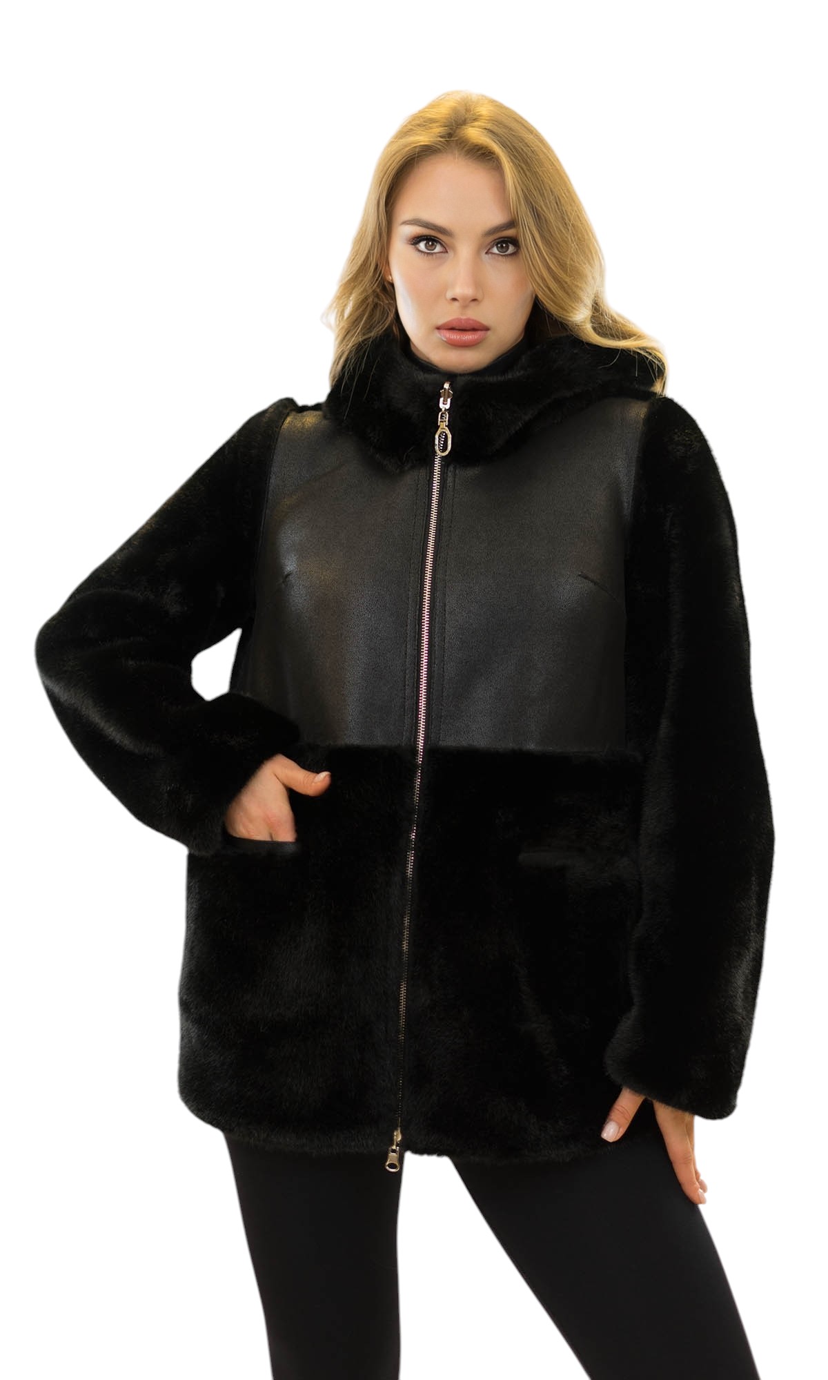 Wendbarer Winterjacke Schwarz Kunstfell Nerzoptik