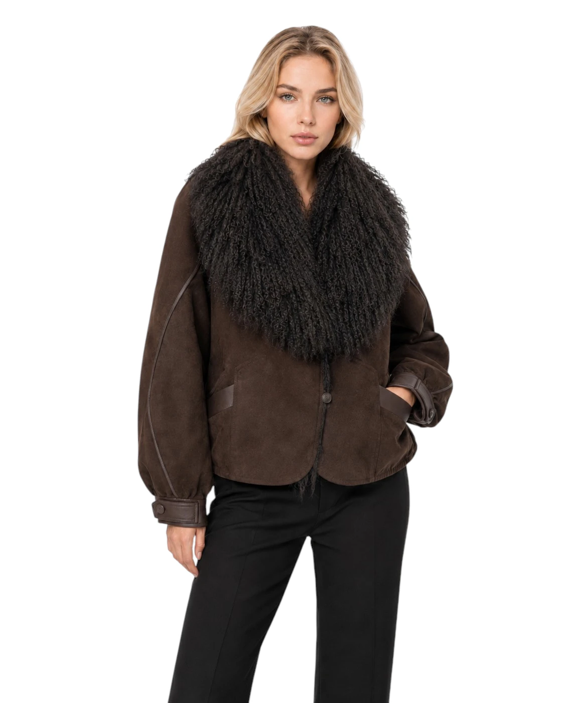 Damen Daunenjacke in Braun mit Tibetlamm Echtfellkragen