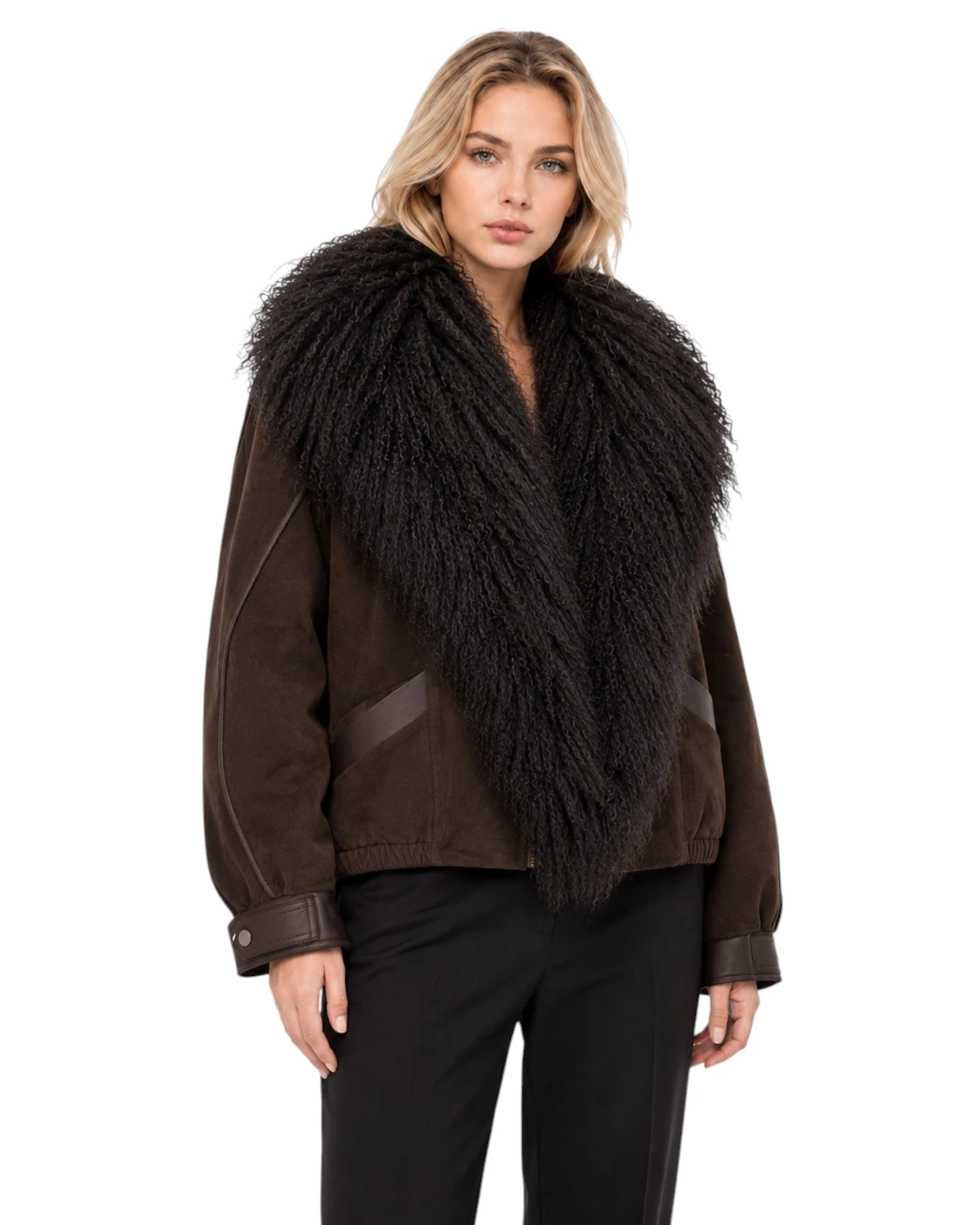 Braune Daunenjacke mit Echtfellkragen aus Tibetlamm für Damen