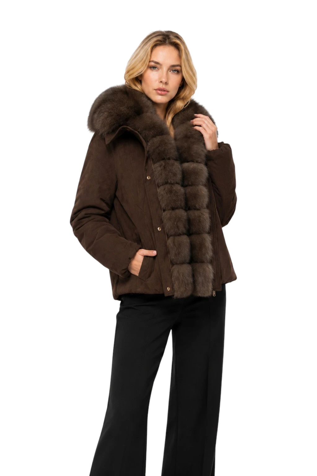 Kurze braune Damen Daunenjacke „Svava“ mit Fuchs Echtfell