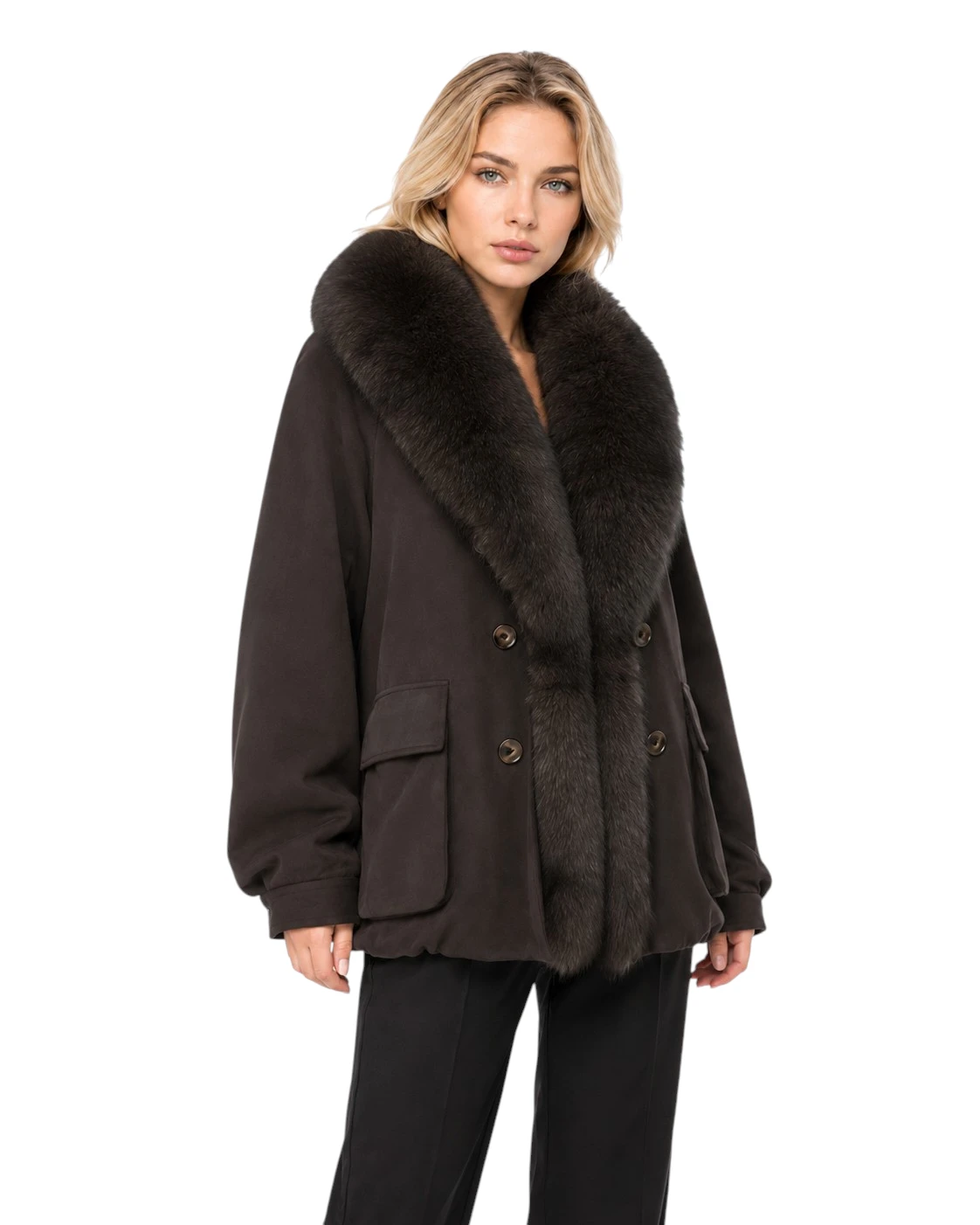 Brauner Damen Daunenparka „Isabella“ mit Fuchsfell und Veloursoptik Kopie