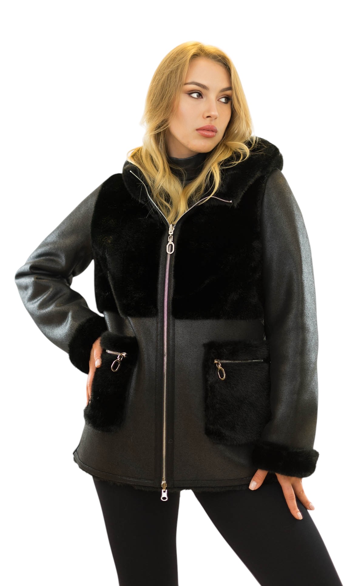 Kunstfell Jacke Schwarz mit Struktur Nerzlook und Lederseite