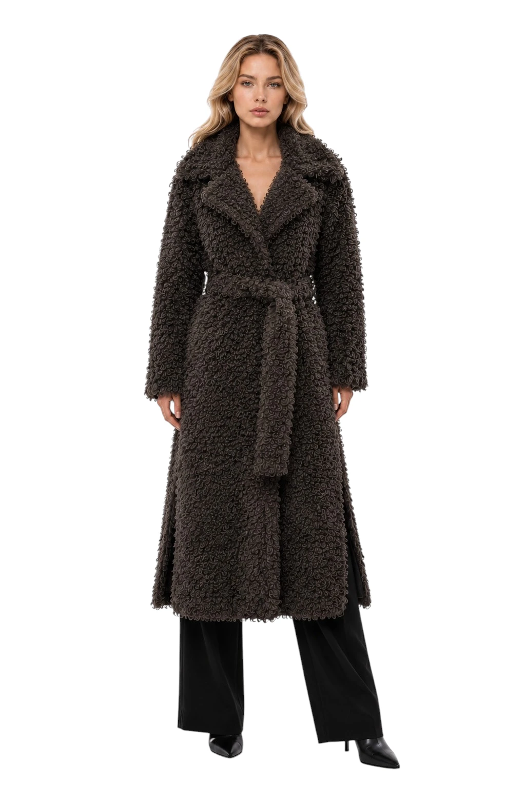 Langer grauer Faux Fur Mantel Adrina für Damen