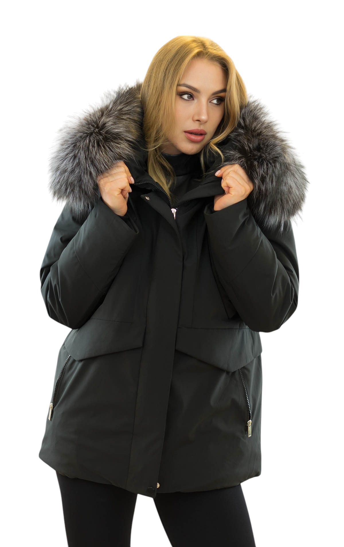Echtfell Damenparka mit Silberfuchs Pelzkragen Echtpelz