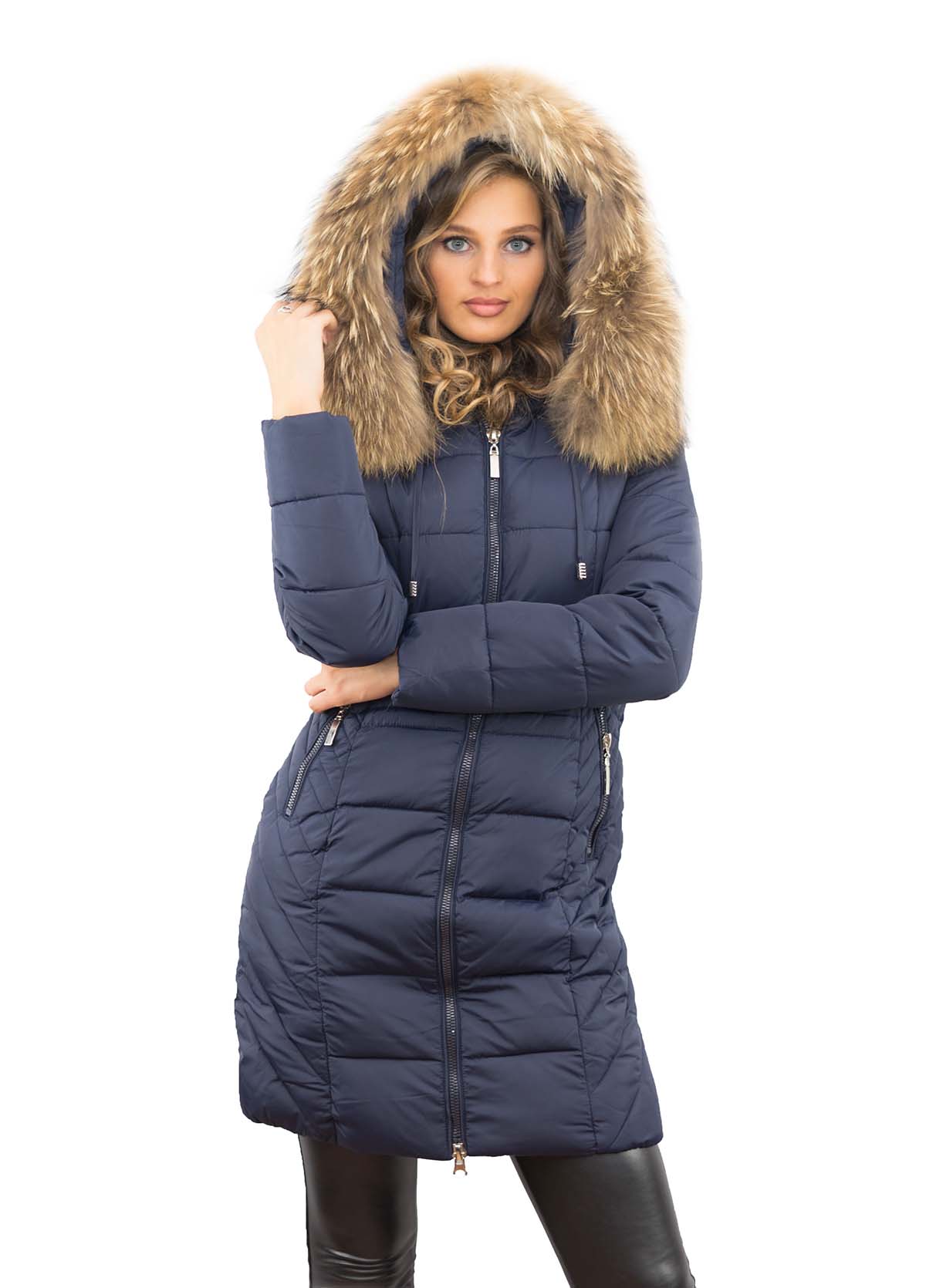 Wintermantel Farbe blau  mit Echtpelz Besatz Silberfuchs