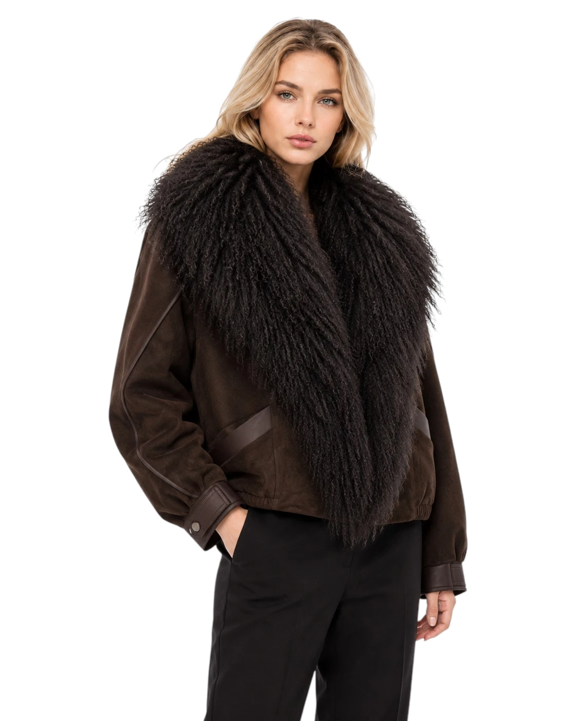 Braune Damen Daunenjacke „Mia“ mit abnehmbarem Tibetlamm Echtfellkragen
