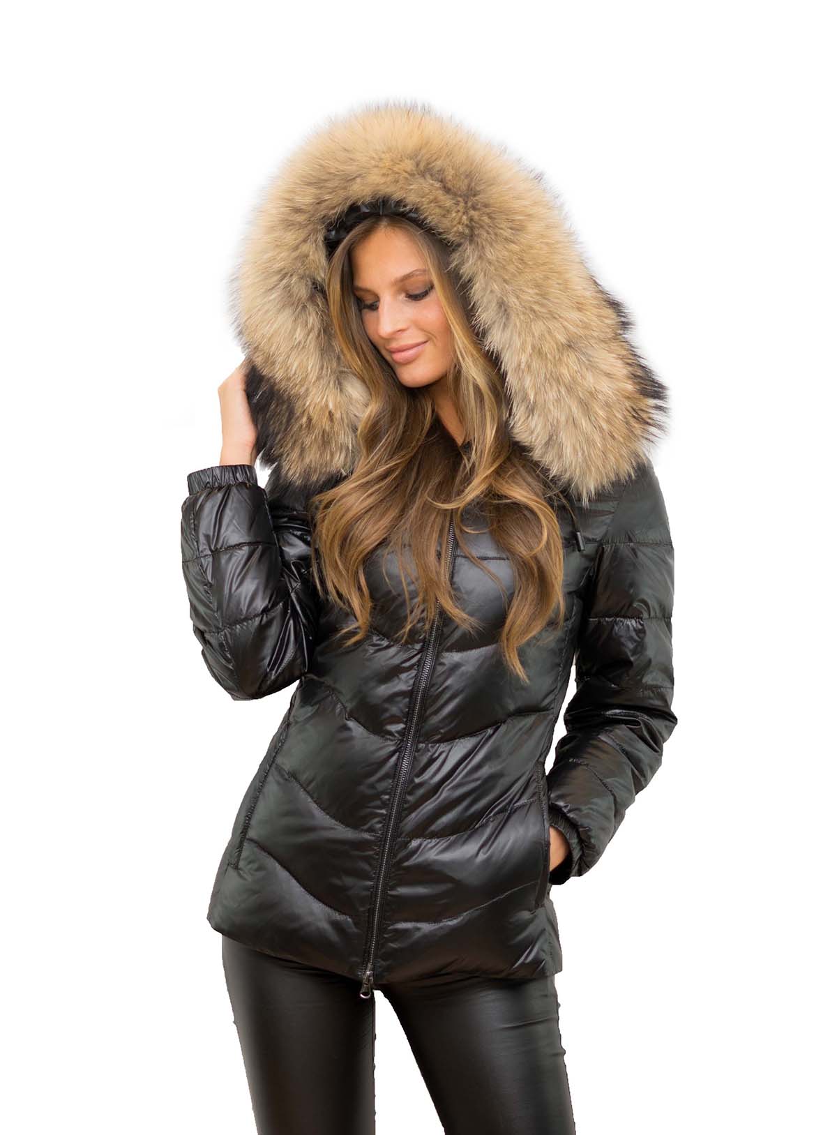 Pufferjacke mit Echtpelz Pelzkragen Finnraccoon Echtfell