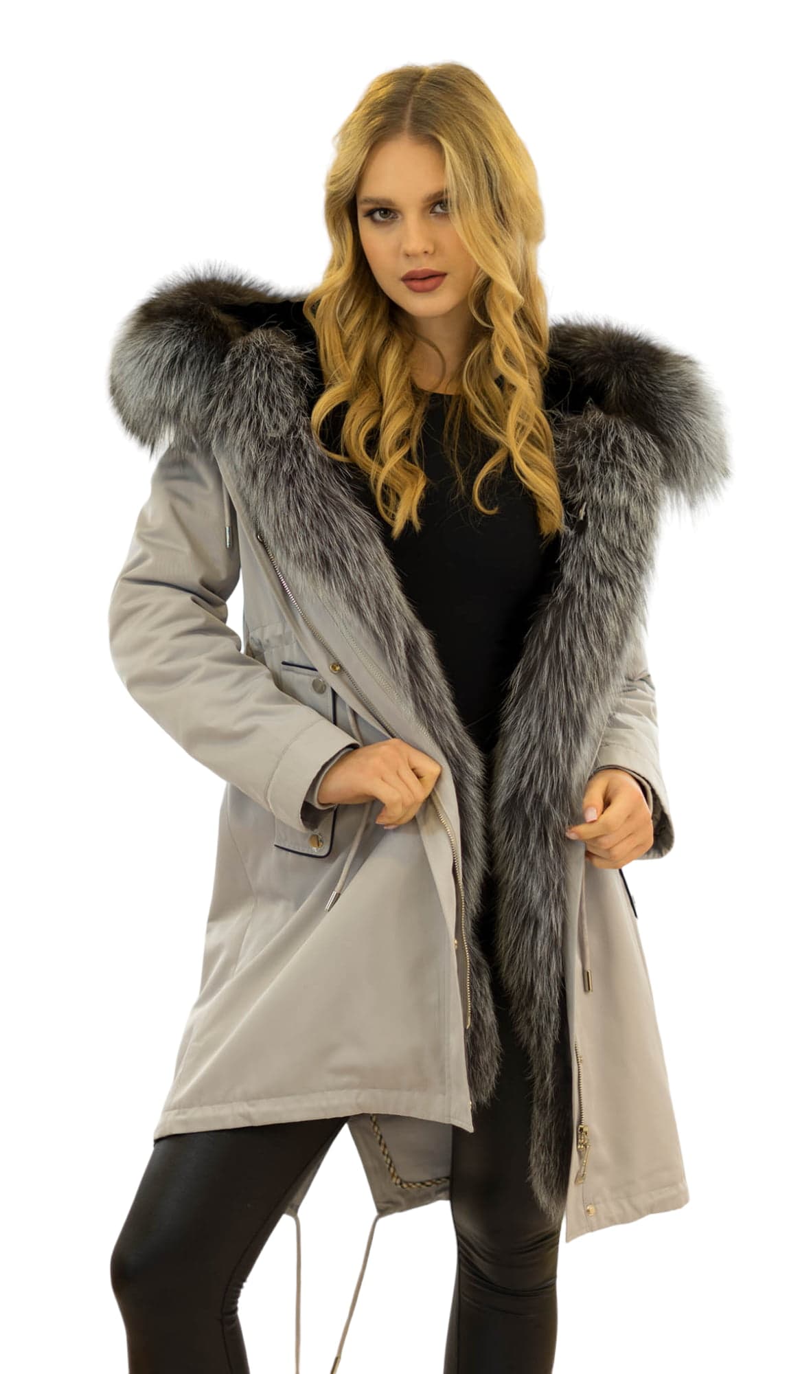 Parka mit Echtfell XXL Pelzkragen Silberfuchs Parka mit Echtpelz xxl Pelzkragen