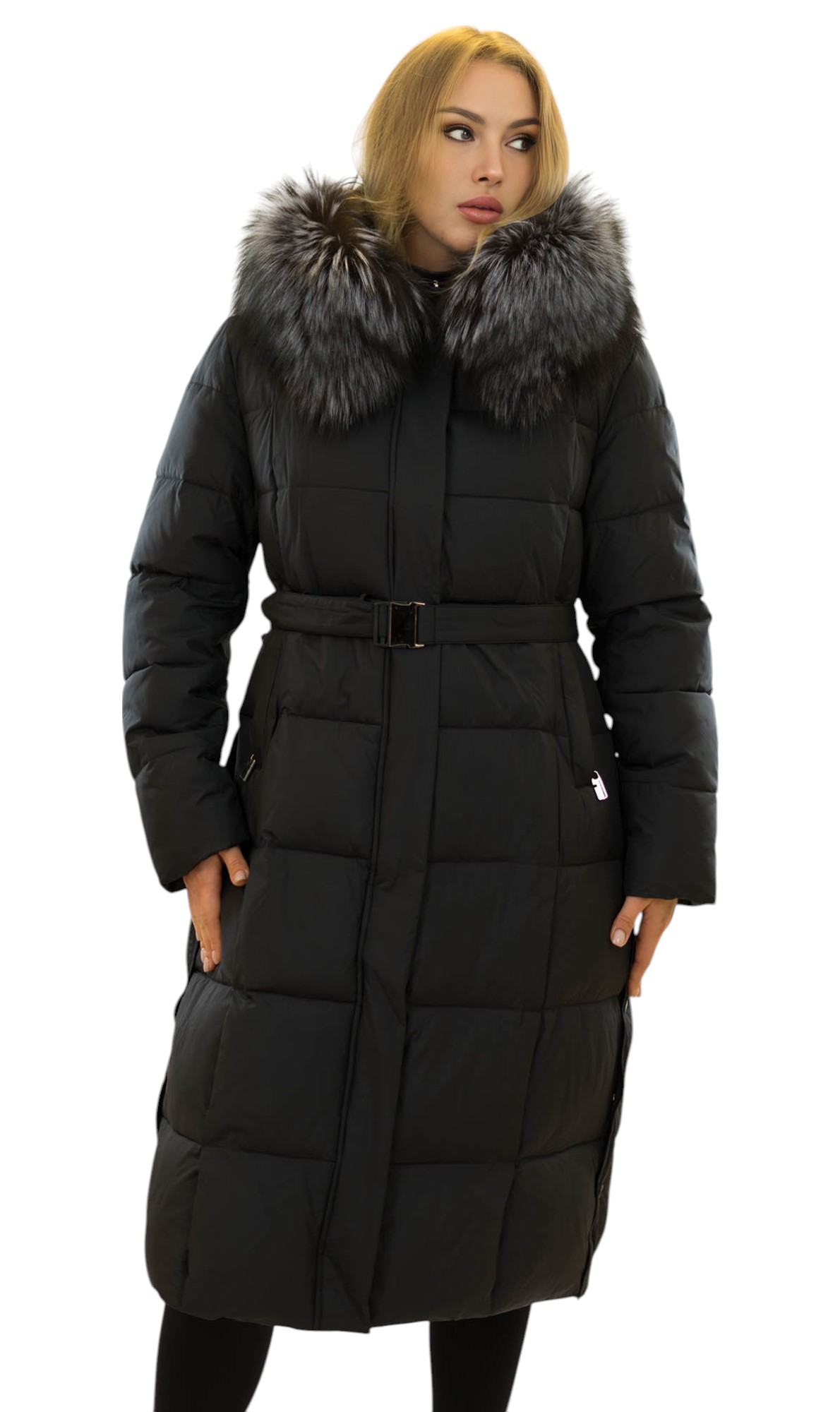 Damen Wintermantel mit Silberfuchs Naturpelz Kragen