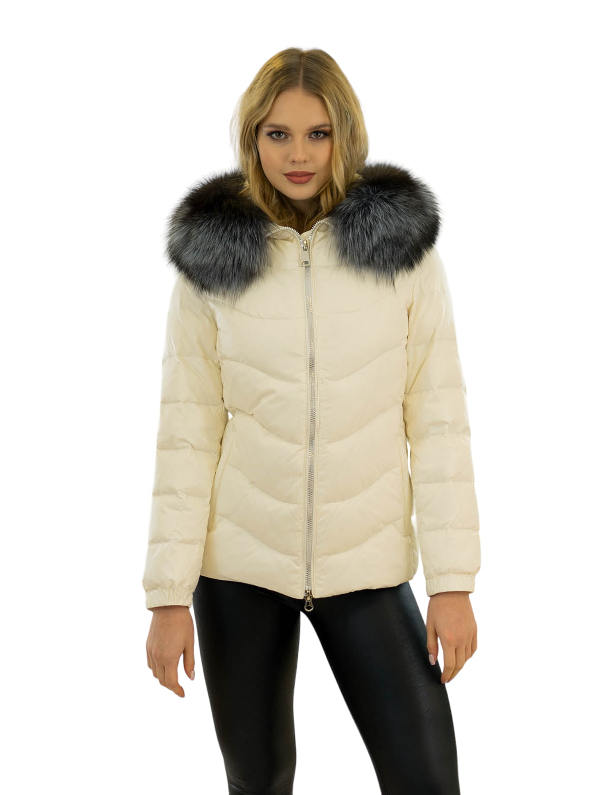 legante daunenjacke mit echtfell pelzbesatz aus silberfuchs