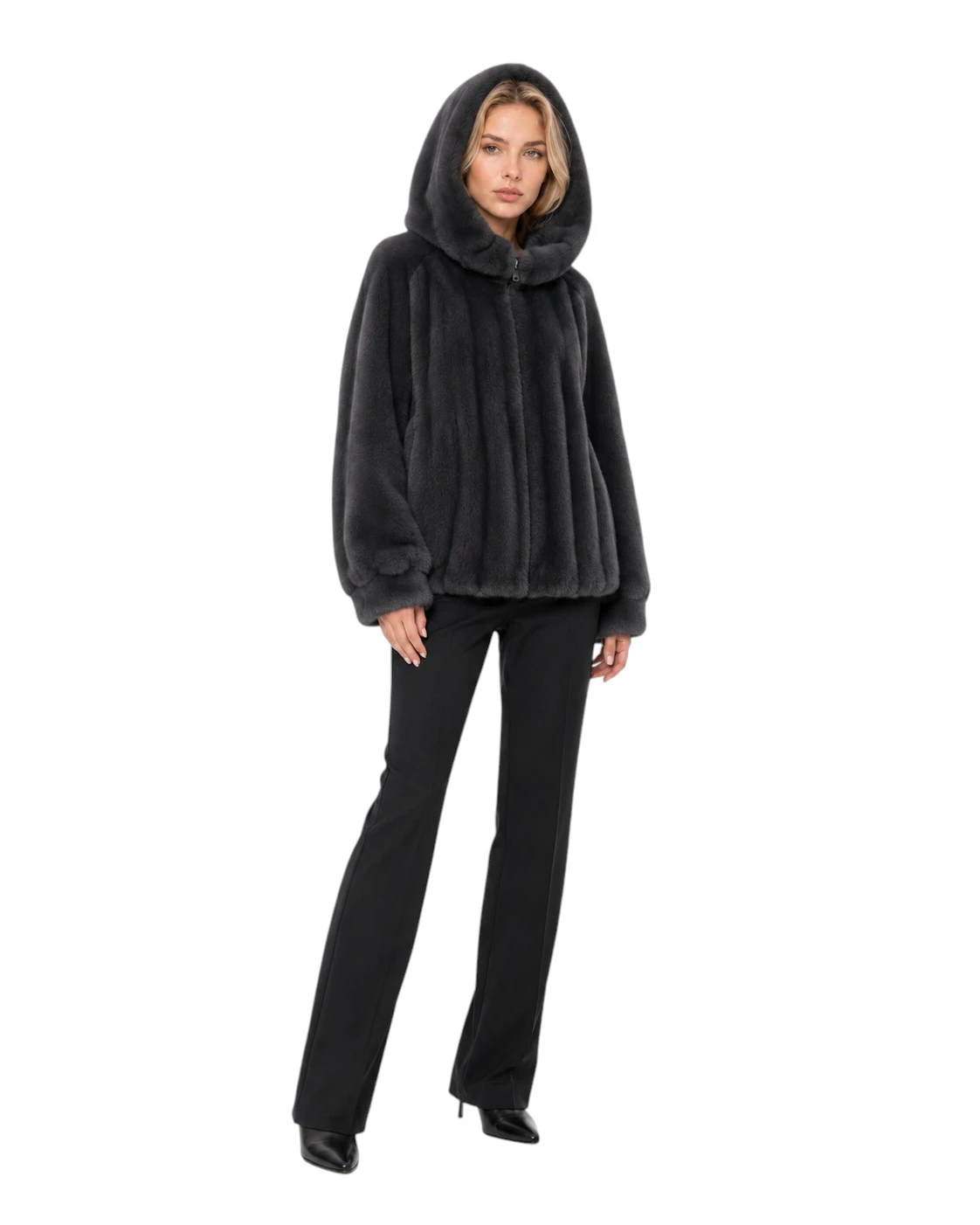 Graue Kunstfelljacke Klara für Damen mit Kapuze und Nerzimitat Look