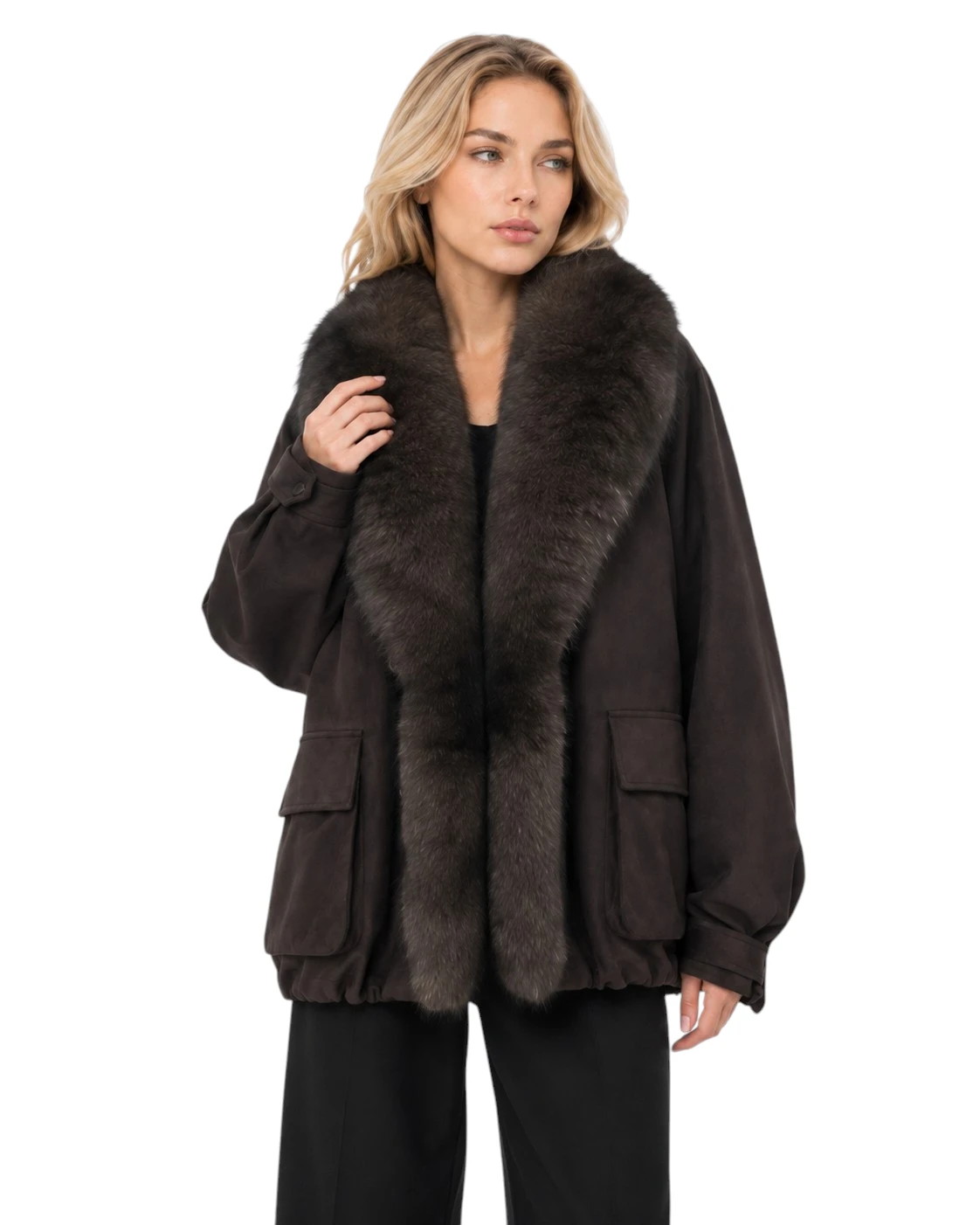 Brauner Damen Daunenparka „Isabella“ mit Fuchsfell und Veloursoptik Kopie