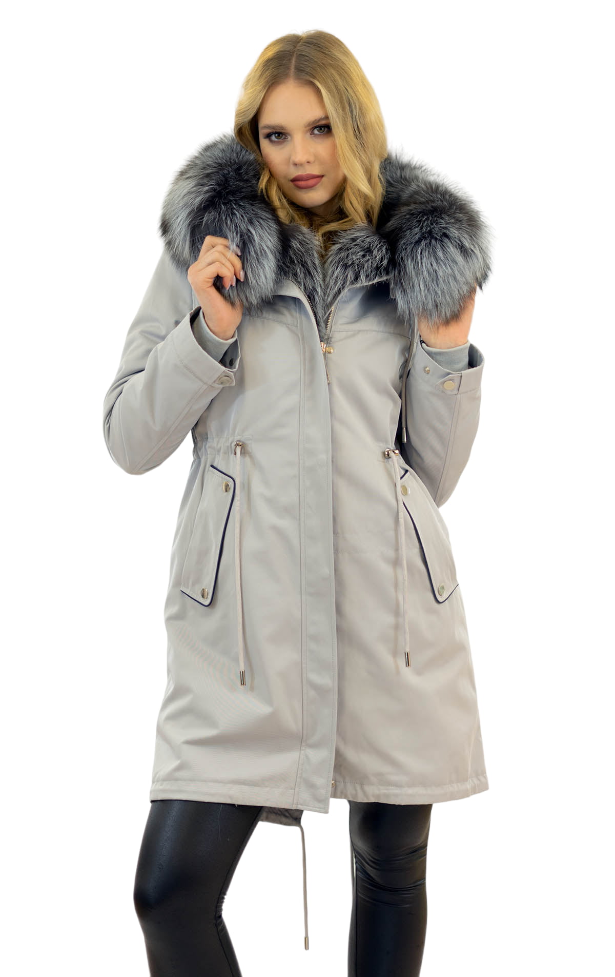 Winterparka mit Echtfell Futter Pelzkragen Silberfuchs