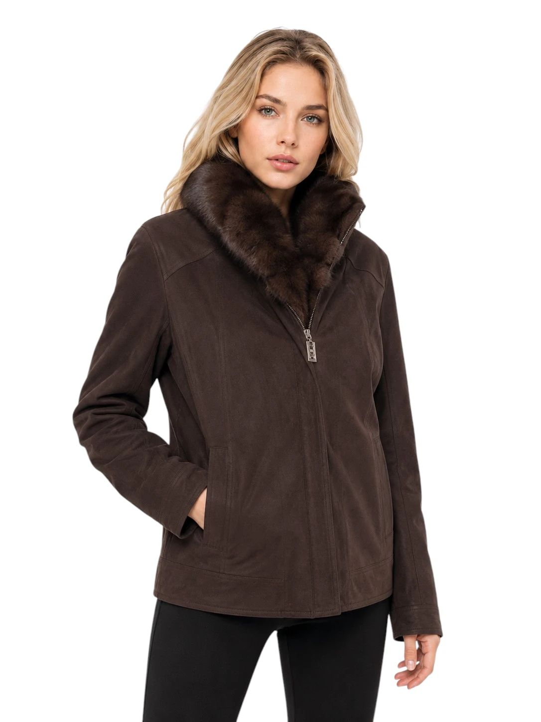 Brauner Damen Daunenparka „Isabella“ mit Fuchsfell und Veloursoptik