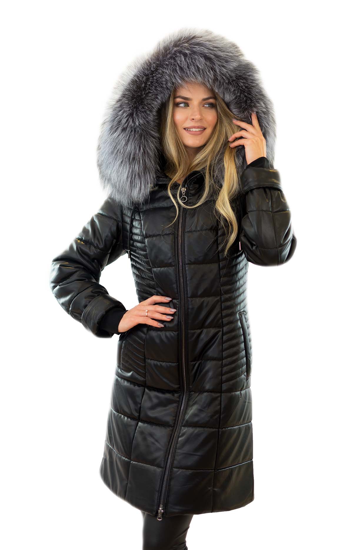 Eco Ledermantel schwarz mit Echtfell Pelzkragen Silberfuchs Eco Leder Kamelhaarfüllung