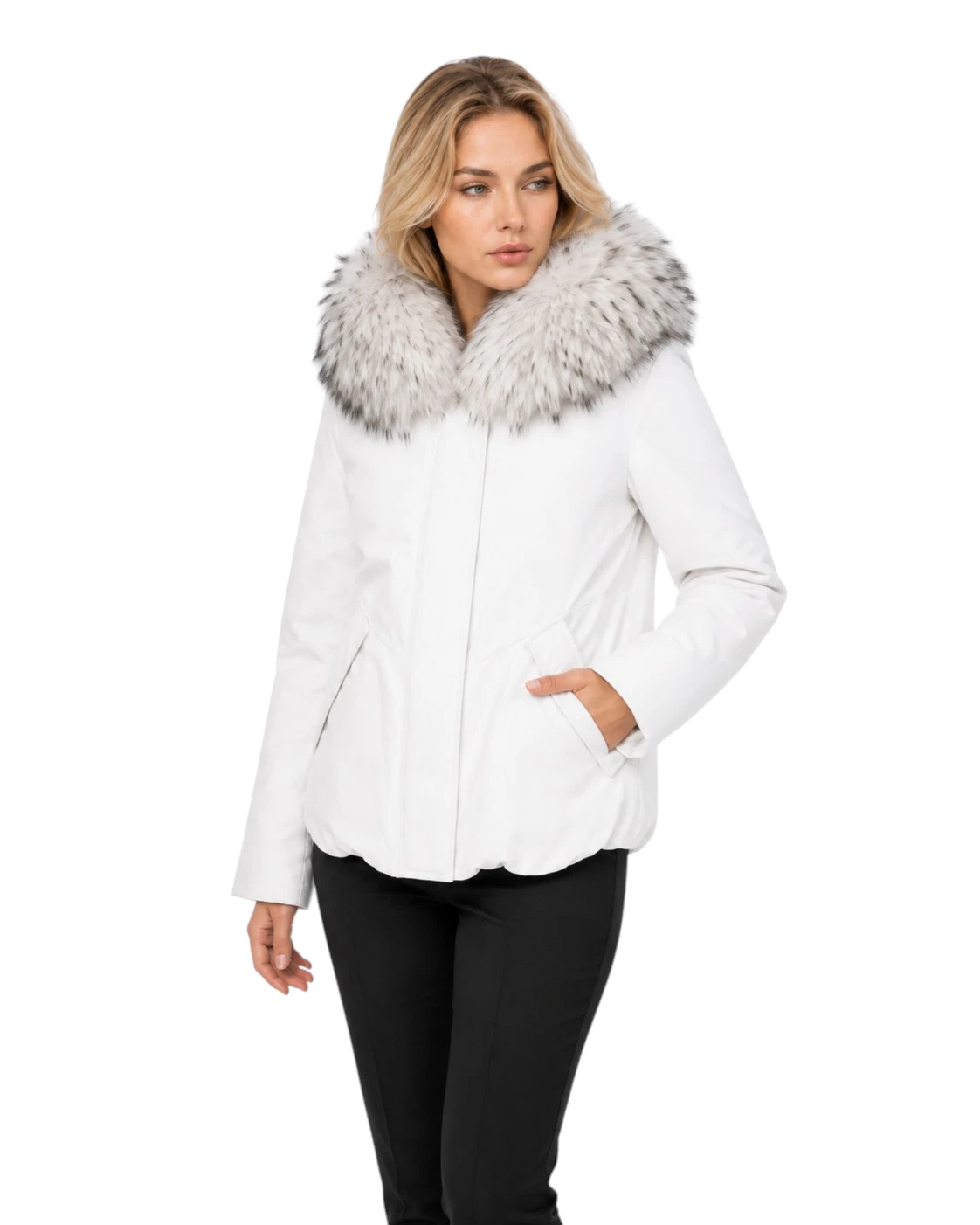 Weiße Winterjacke Julia mit Pelzkapuze für Damen