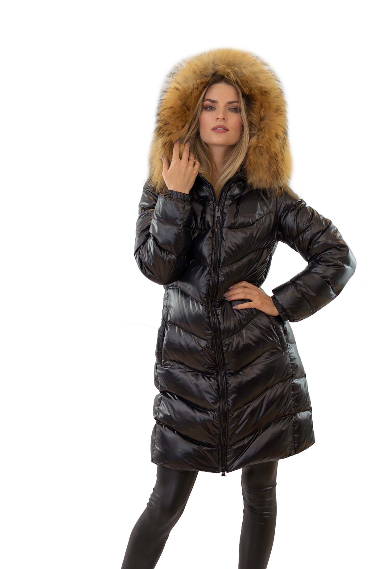 Daunenmantel mit Pelz Pufferjacke Pufferjacket mit Echtfell Echtpelz Pelzkragen