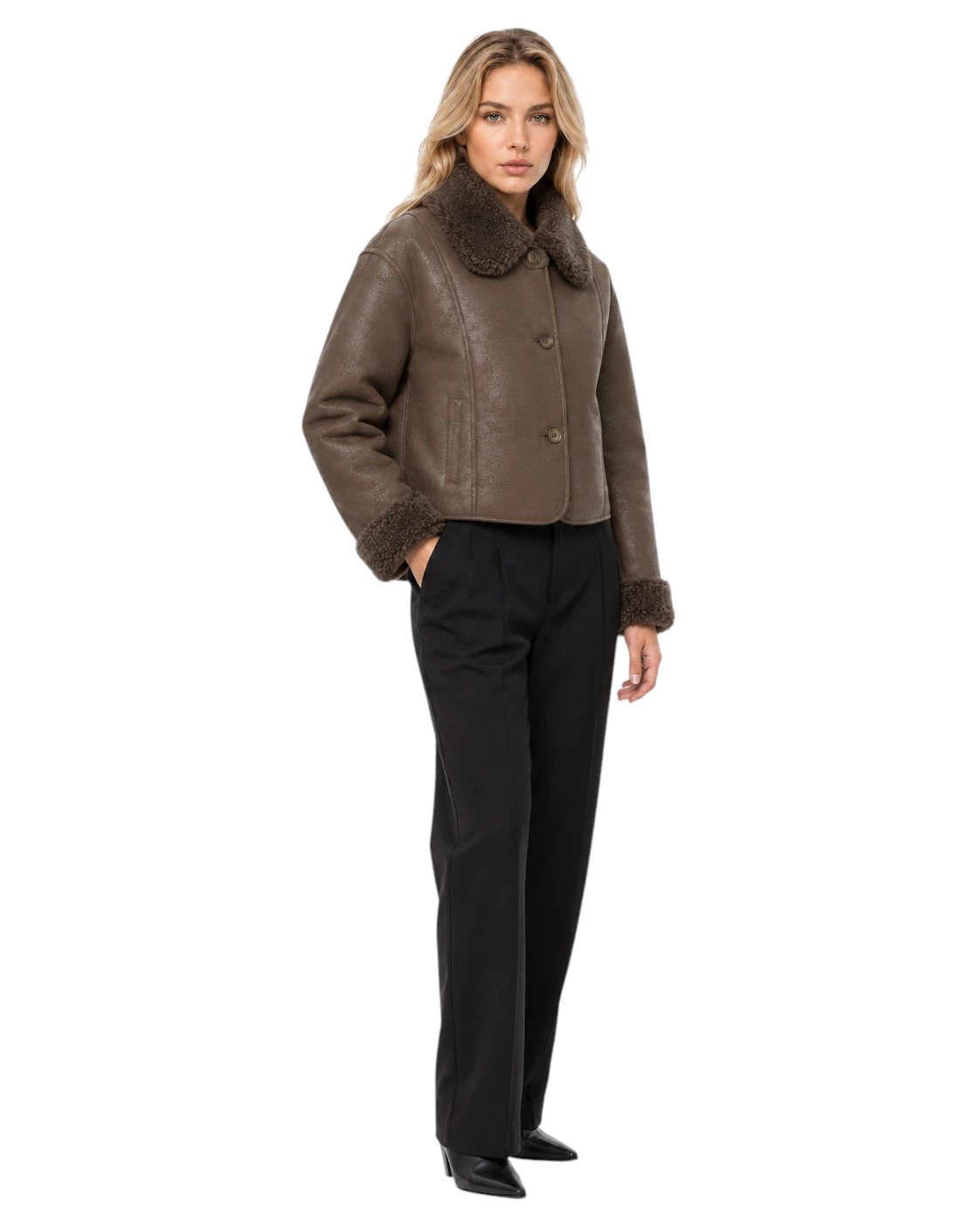 Braune Damen Wendejacke Valdis mit glatter Lederoptik und Kunstfellseite