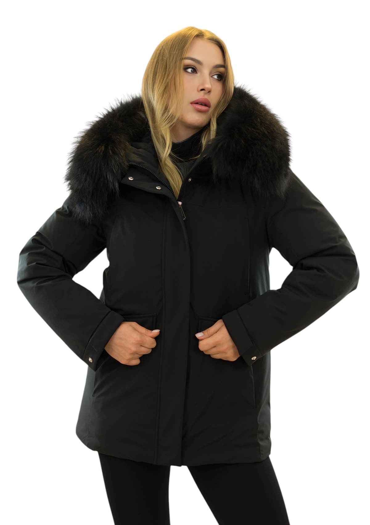 Warme Damenjacke mit abnehmbarem Pelz aus Finnraccoon