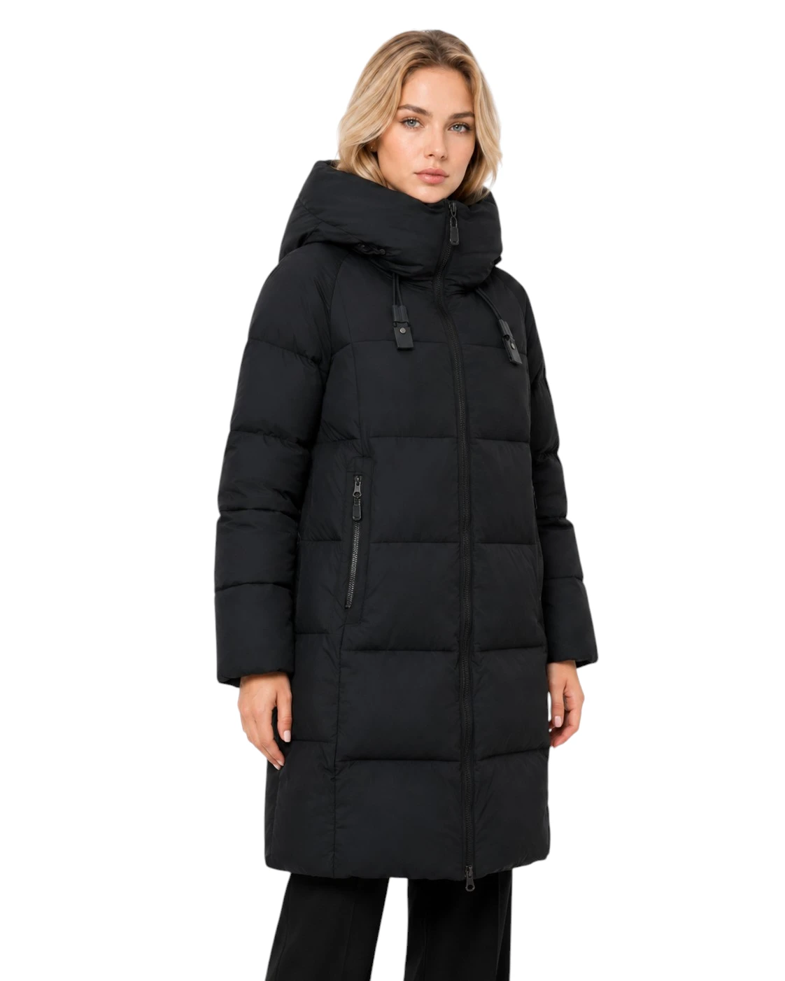 Schwarze Damen Steppjacke Freja mit Kapuze und Reißverschluss