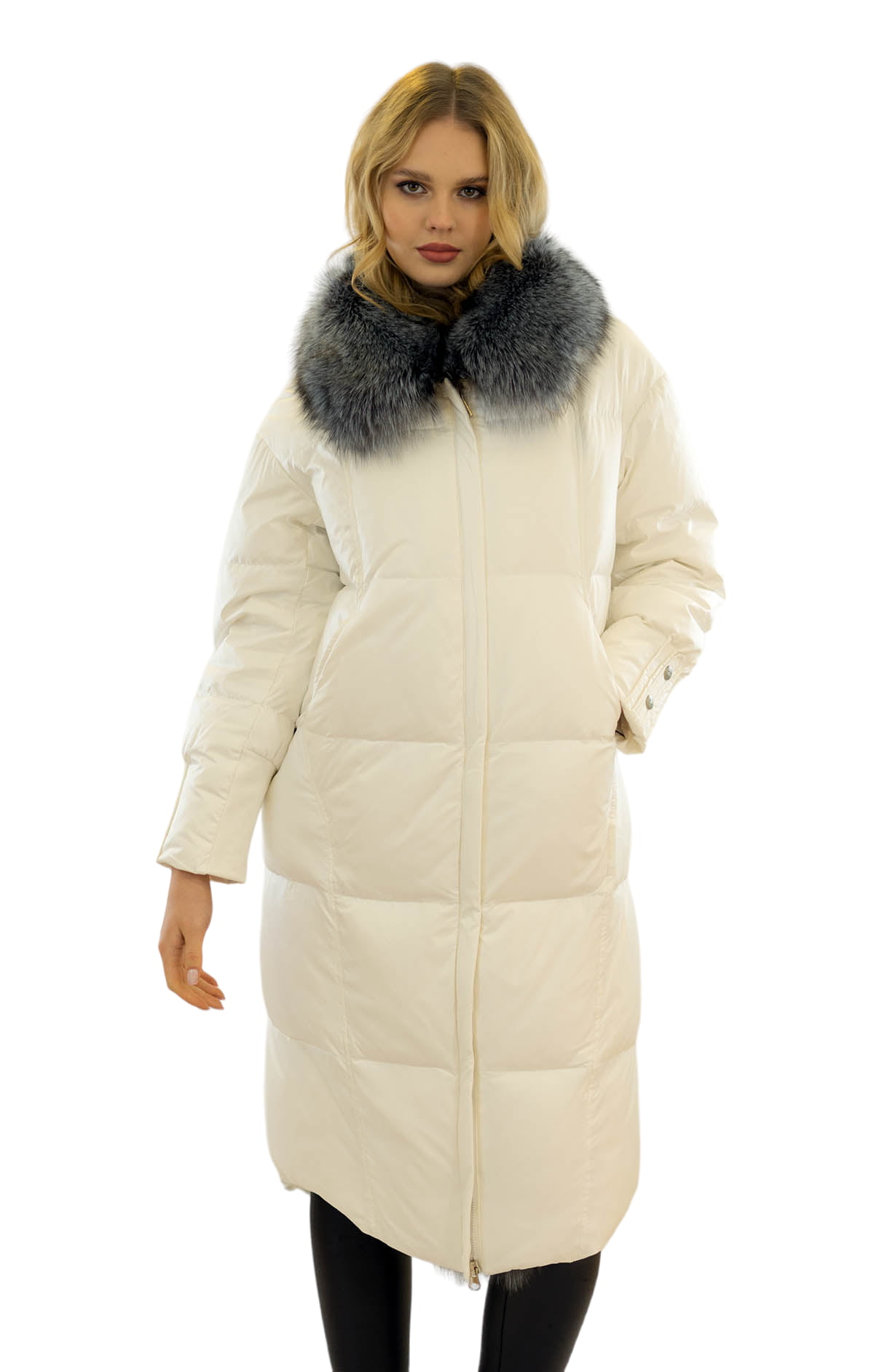 Puffercoat Daunenmantel Cremeweiß Echtfell Silberfuchsbesatz