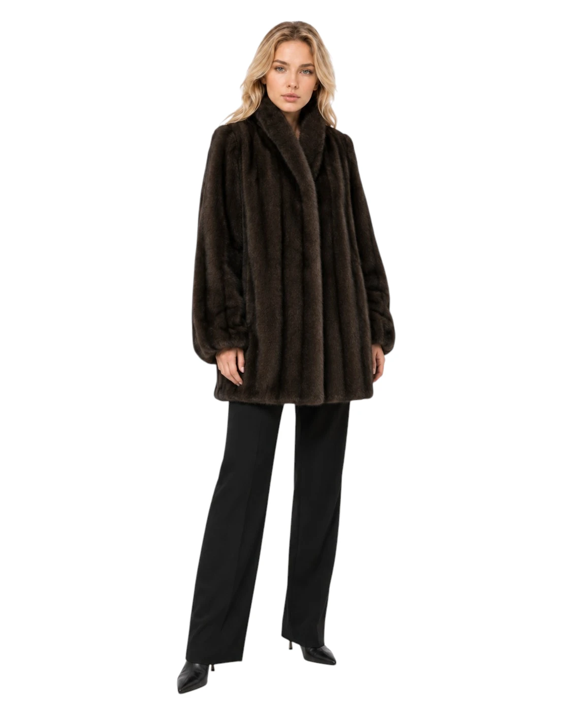 Braune Webpelzjacke Charlotte mit weicher Oberfläche und Gürtel