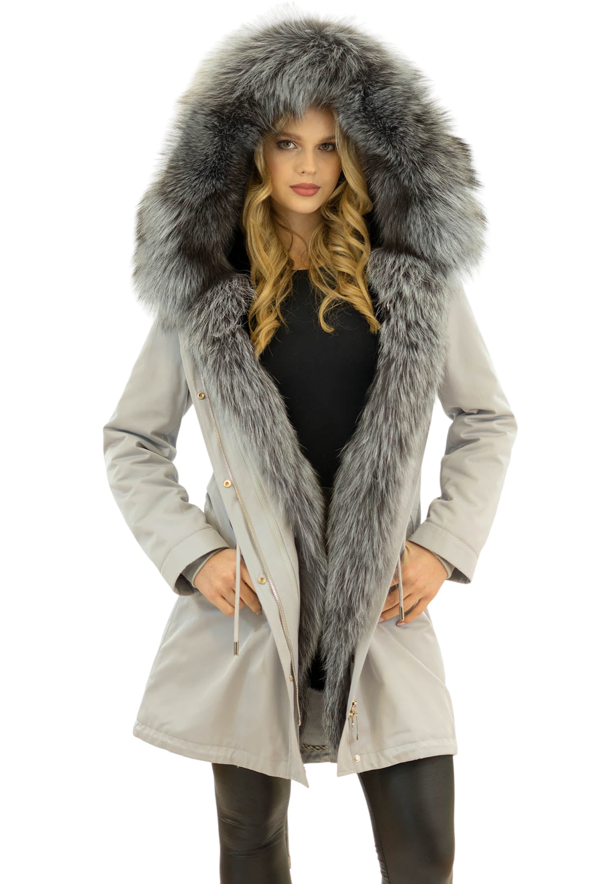 Parka Jacke mit XXLPelzkragen Echtfell Silberfuchs