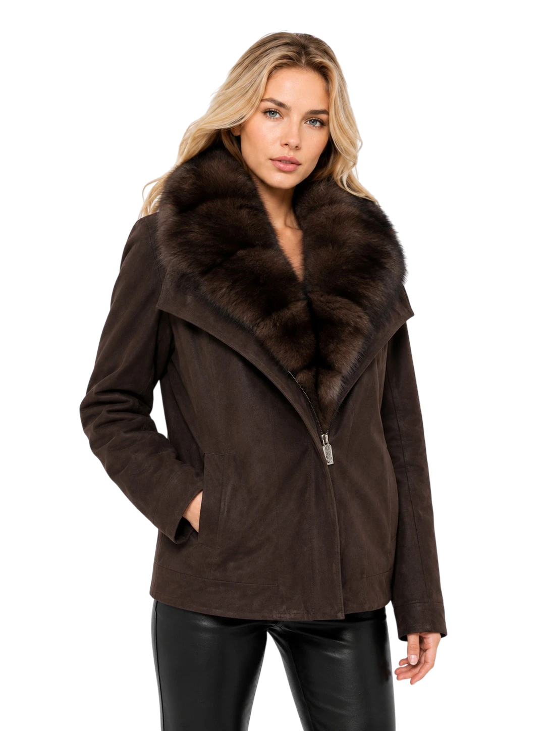 Brauner Damen Daunenparka „Isabella“ mit Fuchsfell und Veloursoptik