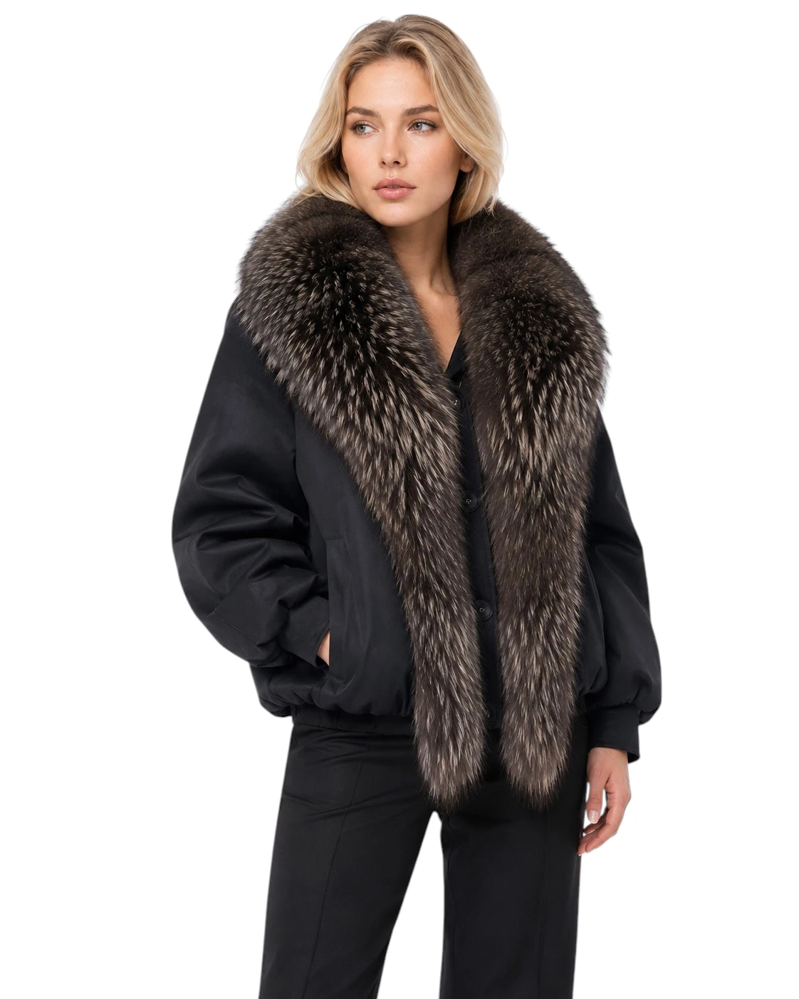 Schwarze Damenjacke Rikka mit abnehmbarem Finnraccoon Echtfell