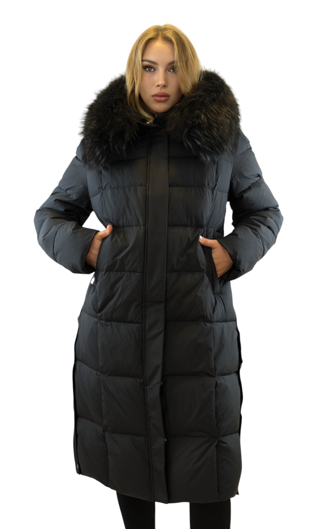 Langer Wintermantel mit Echtpelzkragen für Damen