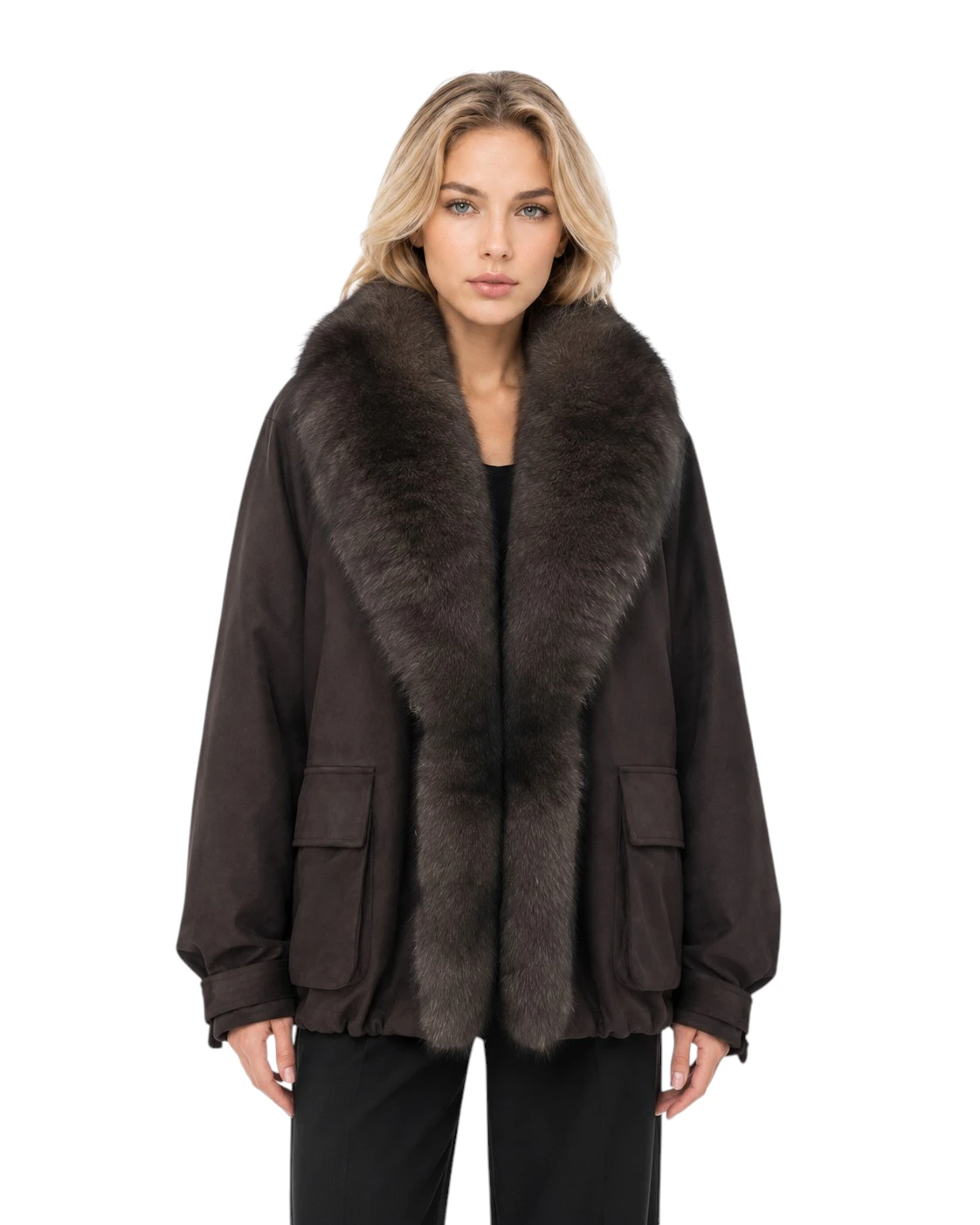 Brauner Damen Daunenparka „Isabella“ mit Fuchsfell und Veloursoptik Kopie