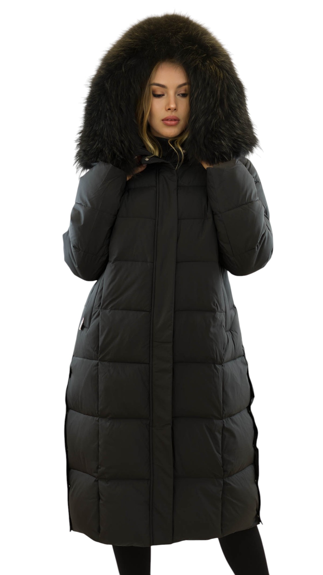 Echtfellparka für Damen warm, wetterfest, lang geschnitten