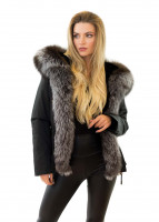 Vorschau: Damenparka schwarz mit Pelzkapuze Silberfuchs Echtpelz Kaninfell Innenfell Vorschau: Damenparka schwarz mit Pelzkapuze Silberfuchs Echtpelz Kaninfell Innenfell