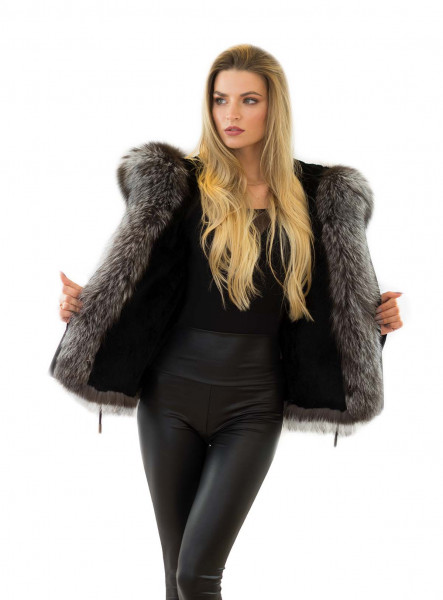 Luxurious Damenparka mit Fell xxl Pelzkragen aus Silberfuchs Echtpelz Innenfell Rex Kaninfell