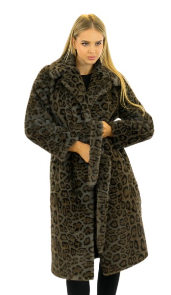 Pelzmantel aus Webpelz Leopardprint Faux Fur Mantel