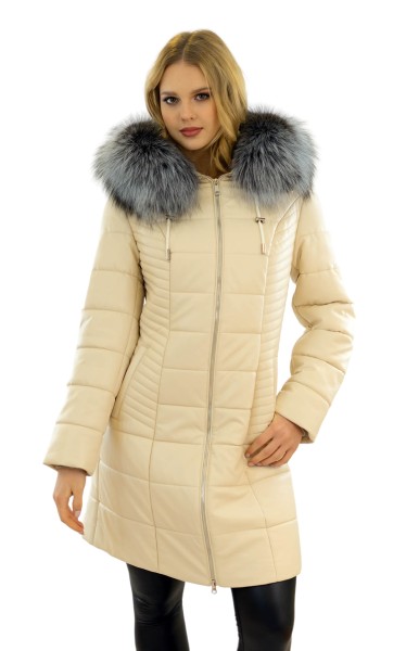 pelzchen mode eco leather coat with silver fox fur collar