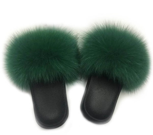 Pelz Slippers grün aus Echtfell Fuchs