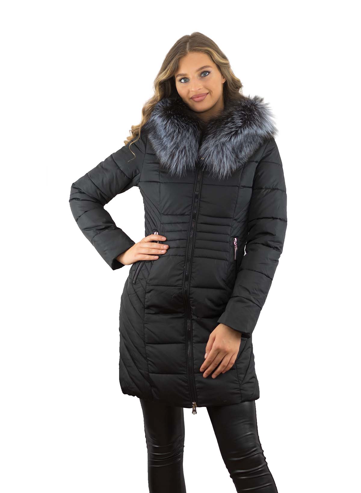 Winterparka Lora mit Fellkragen Kapuze Silberfuchs Farbe schwarz