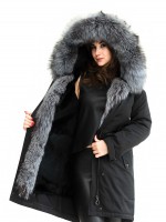 Parka schwarz mit Echtpelz XXL Pelzkragen aus Silberfuchs, echfell Innenfell Kanin Parka schwarz mit Echtpelz XXL Pelzkragen aus Silberfuchs, echfell Innenfell Kanin