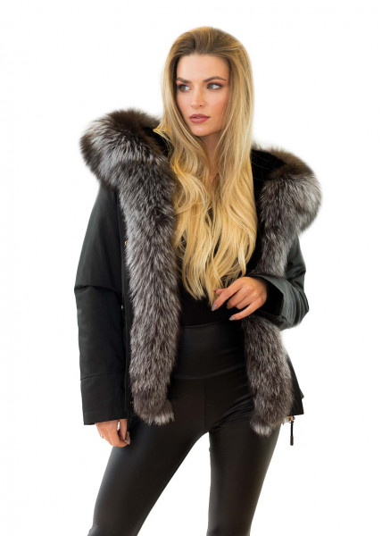 Damenparka schwarz mit Pelzkapuze Silberfuchs Echtpelz Kaninfell Innenfell