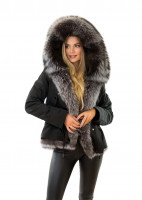 Vorschau: Parka schwarz Echtfell Pelzkragen Silberfuchs Echtes abknöpfbares Innenfell Rex Kanin  Vorschau: Parka schwarz Echtfell Pelzkragen Silberfuchs Echtes abknöpfbares Innenfell Rex Kanin