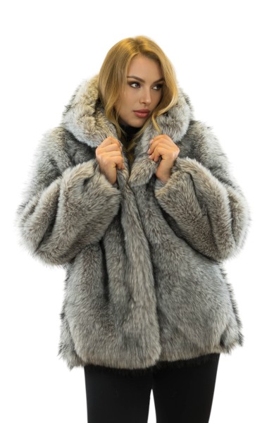 Faux Fur Jacke mit Kapuze Webpelzjacke in Silberfuchslook