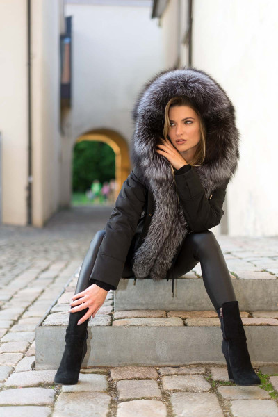 Parka Jacke mit XXL Pelzkragen Silberfuchs Innenfutter Rex Kaninfell