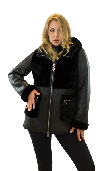 Wendejacke Damen Faux Fur Nerzstruktur Lederoptik
